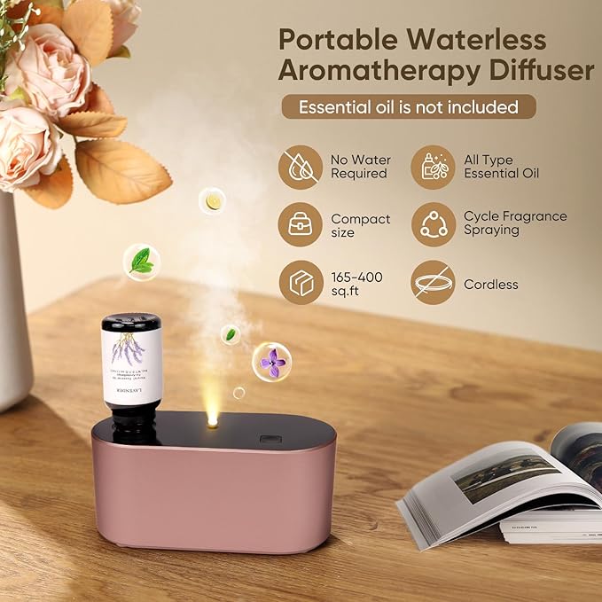 Waterless Diffuser for Home Essential Oil Diffuser, Aromatherapy Diffuser, Portable Scent Diffusers, 3 Mist Modes, Cycle Start for Bedroom, Office Studio 350-700 sq. ft Rose Gold - Bloomnest