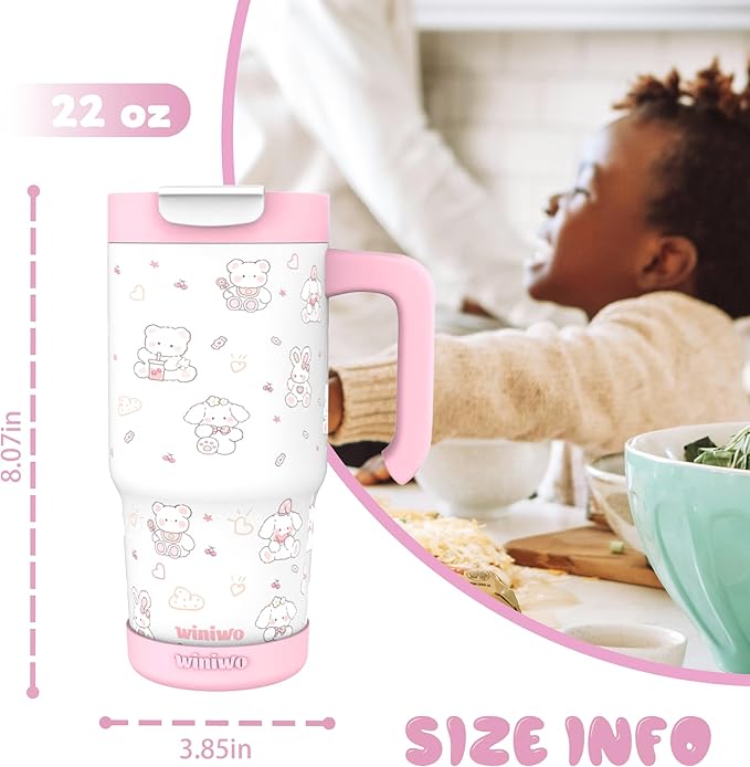 22 oz Tumbler with Handle for Kids, Easy to Hold, Spill-proof, Insulated Cups with Sip/Swig 2-in-1 Lid, Fit Most Car Cup Holders,School, Home,travel,Pink Rabbit - Bloomnest