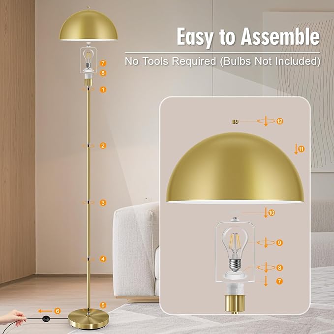 Industrial Floor Lamp, Brass Gold Floor Lamp for Living Room, 66Inch Tall Modern Standing Lamp, Stand Up Lamp with Metal Dome Shade, Mid Century Corner Reading Lamp for Bedroom Office Nursery, NO BULB - Bloomnest