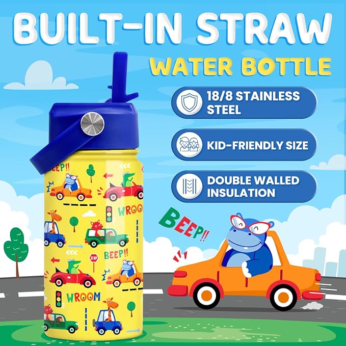 Kids Water Bottle with Straw Lid - 12 Oz Insulated Stainless Steel Vehicle Cars Water Bottles for Kid Boys - Travel Cup for School Sports - Bloomnest