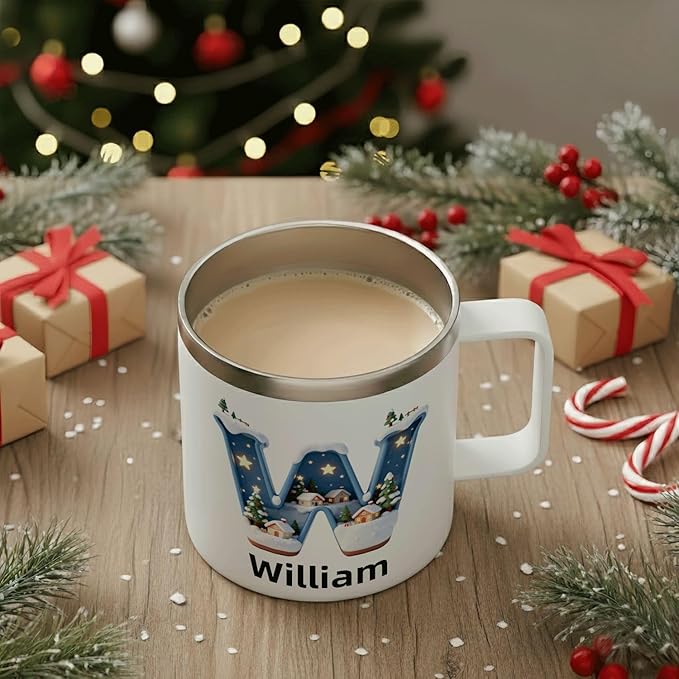 Personalized Christmas Mug with Name, 12oz Insulated Coffee Tumbler with Handle, Custom Magical Winter Village Scene Initial Cup, Holiday Xmas Gift for Women, Her (B09) - Bloomnest