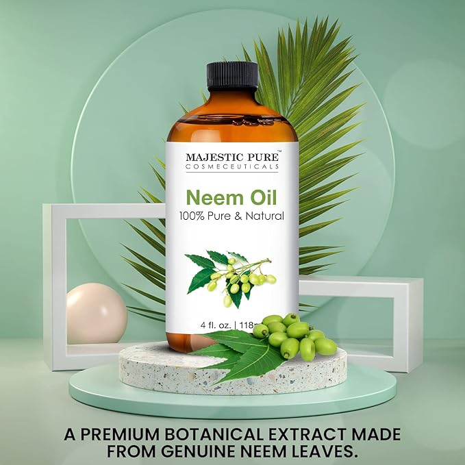 Majestic Pure Neem Oil Spray for Plants and Essential Oils Mixing, 100% Pure Cold Pressed, Safe for Dogs, Great for Skin/Hair Care, Massage Oil, Nails, Acne & Moisturizer for Dry Skin, 4 Fl Oz - Bloomnest