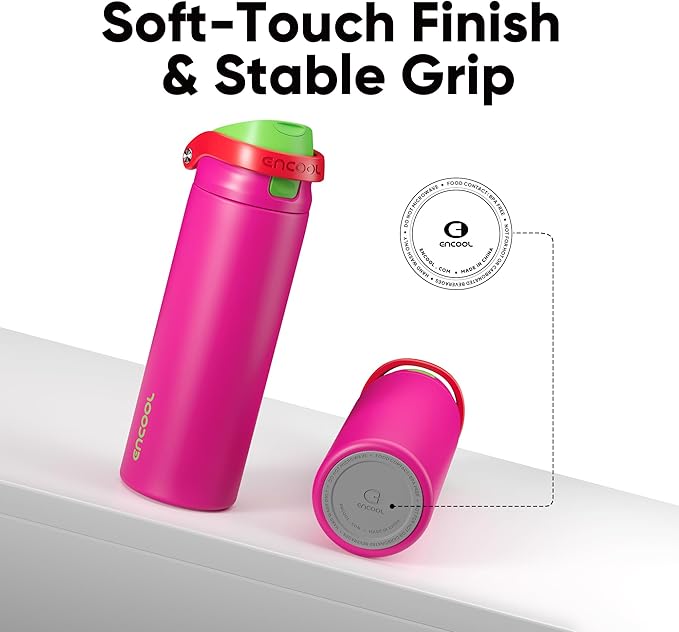 ENCOOL Leakproof Insulated Water Bottle with Straw Dual-Sip Water Bottle Bag-Safe Design for Work, Commute & Gym – Keeps Drinks Cold All Day, 32 oz, Neon Pink ENCOOL