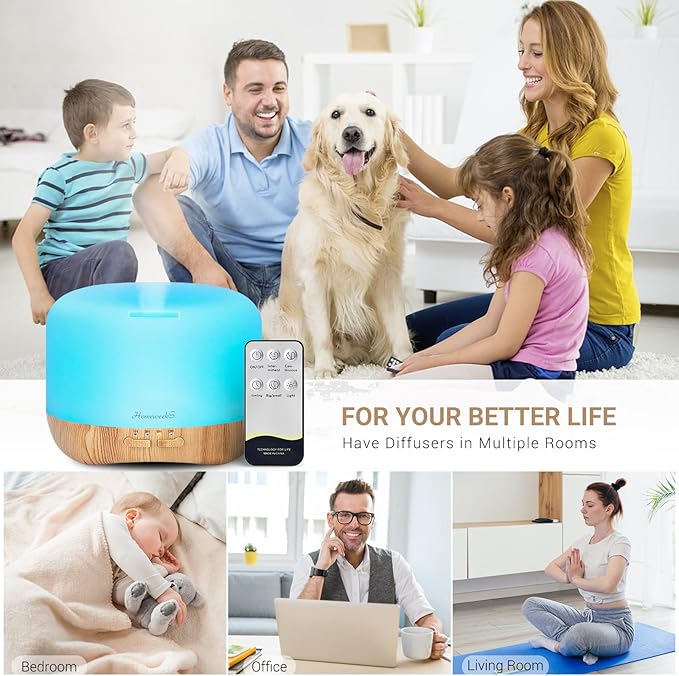 Homeweeks 300ml Essential Oil Diffuser, Quiet Aromatherapy Mist Diffusers for Essential Oils, Wood Grain, Ultrasonic, Remote Control, Timer, 7 Colors Light for Bedroom (300ml) - Bloomnest