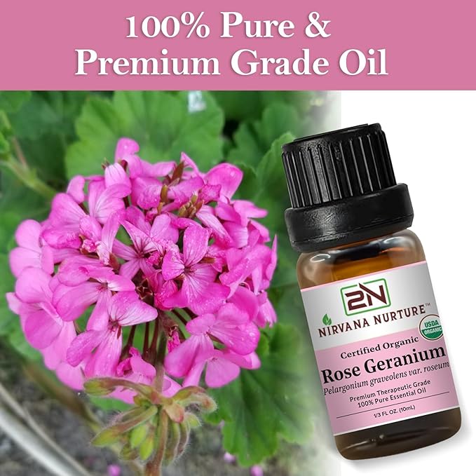 Rose Geranium Essential Oil, USDA Certified Organic, 100% Pure Undiluted, Aromatherapy Oil for Diffuser, Hair & Skin Care NirvanaNurture