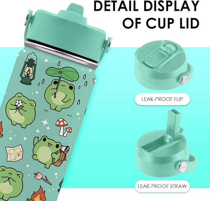 Frog Gifts for Kids - 16oz Cute Green Frog Water Bottle with Straw Lid, Stainless Steel Insulated Tumbler, Leakproof, BPA-Free, for Boys & Girls, School - Animal Frogs Lovers Birthday Gift Cup (1pc) - Bloomnest