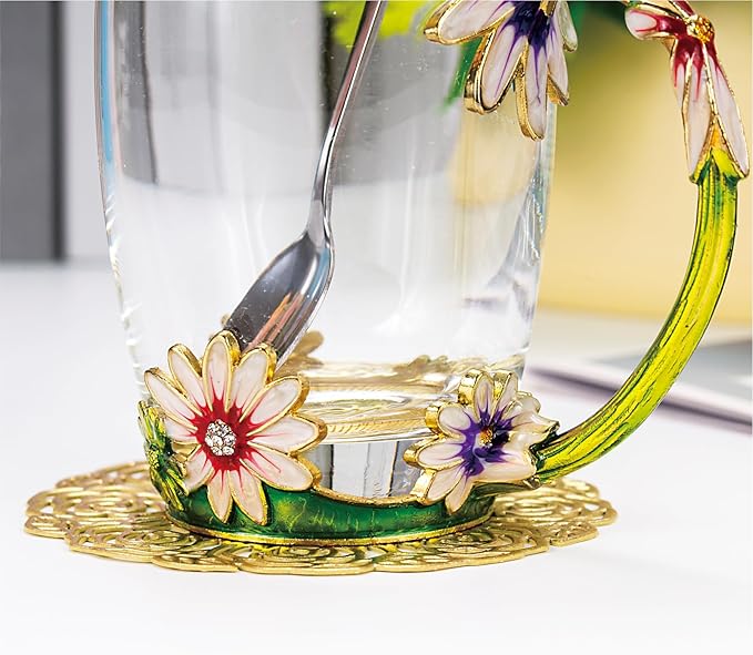 Flower Tea Cup ,Daisy Flower Clear Glass Fancy Coffee Mug with Spoon,Gift Box for Her Mom Wife Grandma Girls Friends Valentines Christmas Birthday Present Idea for Juice,Hot And Cold Drinks Use - Bloomnest