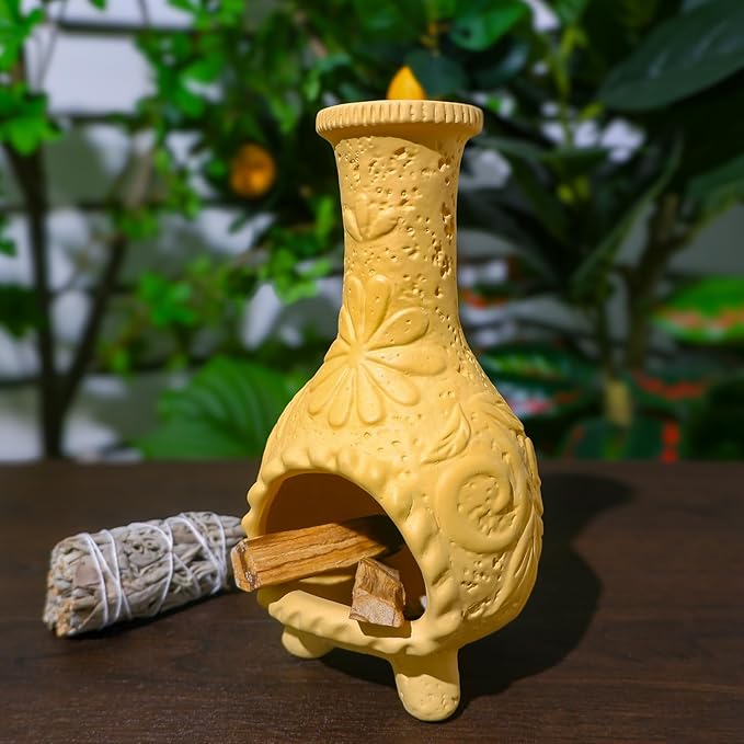 Yellow Floral Reliefs Palo Santo Burner Holder-Mexican Mini Chiminea Inspired,Chimney for Smudging Sage/Incense Cones/Sticks for Altar/Zen Rituals, Handmade Decor for Witchcraft Supplies - Bloomnest