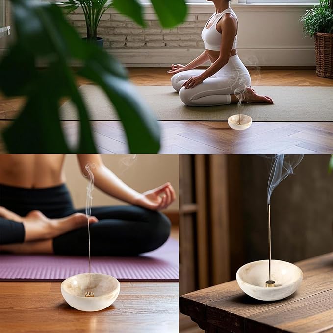Koville Natural Marble Incense Holder, Incense Holder for Sticks with 9 Holes, Handmade Incense Burner Ash Catcher for Meditation Yoga SPA, Suit for Palo Santo/Sage/Cone(Ivory)