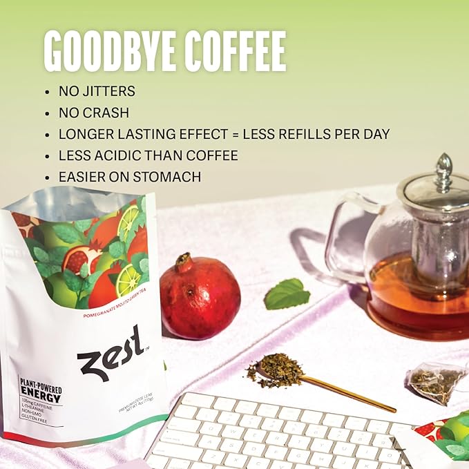 Zest Energy Green Tea – Pomegranate Mojito High Caffeine Tea Bags for Focus & Morning Energy – Natural Caffeinated Tea with 135mg Caffeine – Coffee Substitute – 20Ct Pack, Non-GMO & Keto Friendly - Bloomnest