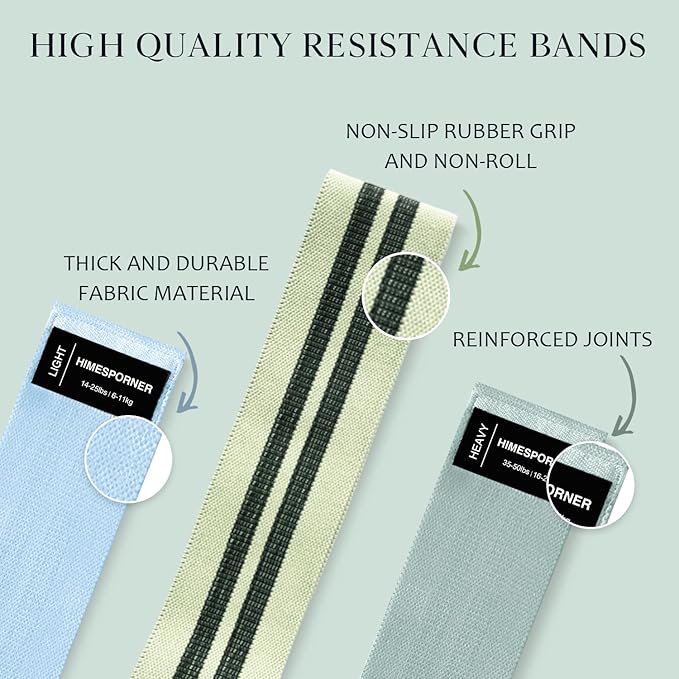 Wide Fabric Resistance Bands for Working Out, 3 Level Non-Slip Exercise Booty Bands for Women & Men Leg and Glutes with Hair Ties and Tape Measure - for Home Gym Workout, Yoga, Pilates - Bloomnest