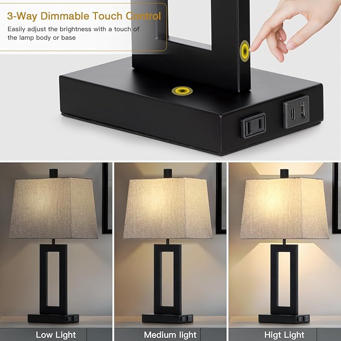 Touch Control Table Lamp Set of 2, Modern Black Bedside Lamps with USB C+A Ports & AC Outlet, 3 Way Dimmable Bedroom Lamps for Night Stands Bedroom Living Room,Nightstand Lamp - Bloomnest