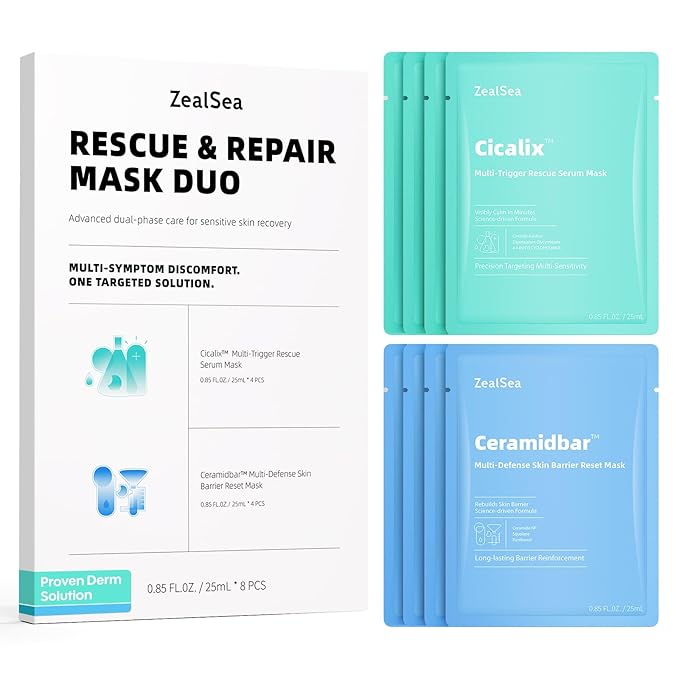 ZealSea Cicalix & Ceramidbar Face Masks Skincare, All-in-one Proven Derm Solution Facial Mask for Visibly Soft | Plump | Quenching | Anti-aging, Soothing & Refreshing, Strengthen & Restore, 4+4 Duo - Bloomnest