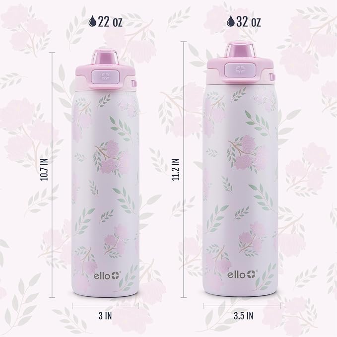 Ello Pop & Fill Insulated Stainless Steel Water Bottle with Quick Fill Lid, Leakproof Locking, Sip or Chug Spout, BPA-Free, Double Wall Vacuum Insulated for Sports, Travel & School- 22oz / 32oz / 40oz Ello