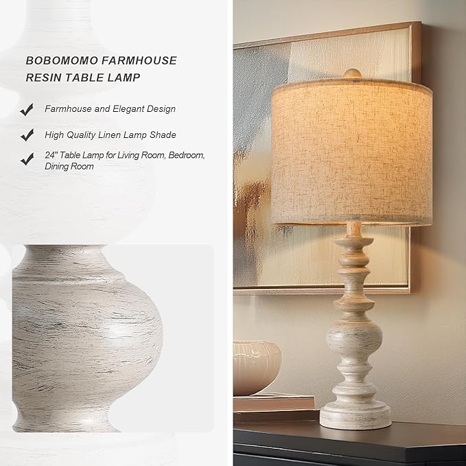 BOBOMOMO 24" Farmhouse Resin Table Lamp Set of 2, Vintage Lamps for Living Room Bedroom with Linen Shades, Traditional Rustic Bedside Lamps Retro Table Lamps for Living Room, Bedroom, Office - Bloomnest
