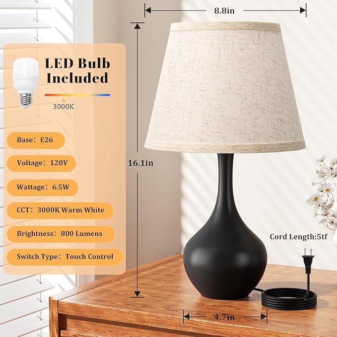 Seealle 16.1" Touch Table Lamps for Nightstand, 3-Way Dimmable Small Bedroom Lamps for Night Stands, Black Bedside Lamps for Living Room, Kids Room, End Table - Bloomnest