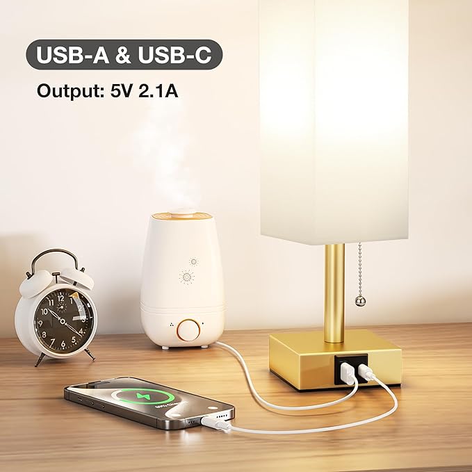 aooshine White Small Table Lamp for Bedroom - 3 Color Temperature 3000K 5000K 4000K Bedside Lamp, Pull Chain Control, USB A and C Ports, Pure Gold Color Base, Bulb Included - Bloomnest