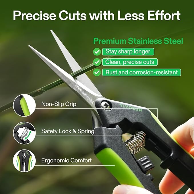 VIVOSUN Gardening Scissors, 6.5 Inch Hand Pruner, Pruning Shear with Straight Stainless Steel Blades, Garden Tools for Women Men, Black and Green - Bloomnest