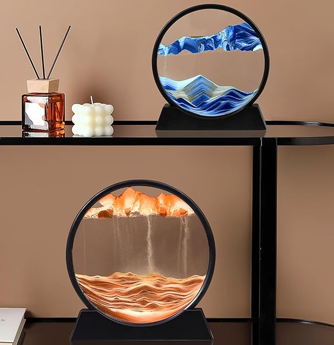 BGFJYUK Moving Sand Art Picture in Motion, Round Tempered Glass 3D Deep Sea Sandscapes with Display Flowing Sand Frame for Relaxing Desktop Home Office Work Décor for Kids Adults （Blue, 7inch - Bloomnest