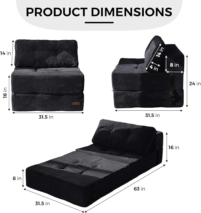 MAXYOYO Folding Sofa Bed, Convertible Sofa Bed with High-Density Support Foam, Portable 4 in 1 Fold Out Chair to Floor Lounger, Versatile Floor Couch for Living Room Bedroom, Black - Bloomnest