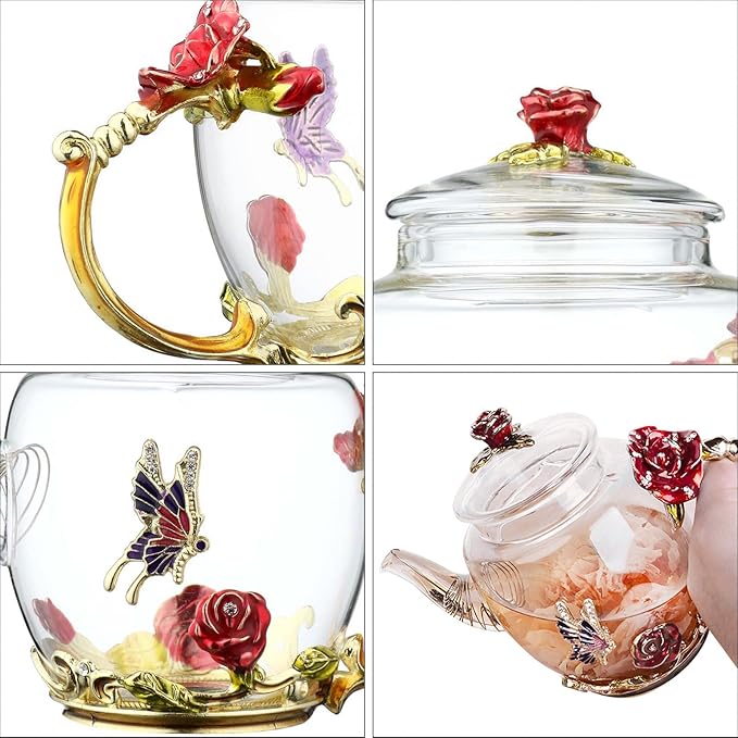 Glass Teapot -300 ml (10 oz), Flower Decoration Heat Resistant Glass Teapot Kettle with Golden Leaf Edge Color Floral Pattern Retro Teapot Tea Party Set (Red) - Bloomnest