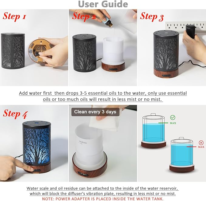 EQUSUPRO Essential Oil Diffuser 150ml Black Metal Aromatherapy Oil Diffuser Ultrasonic Cool Mist Diffuser with Auto Shut-Off Protection,7 Colors Changed LED for Home Office SPA Yoga (A-Tree) - Bloomnest