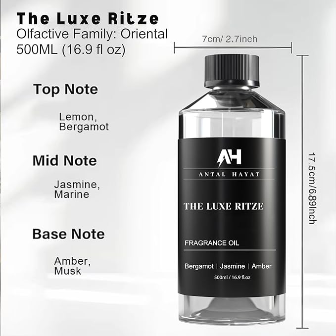 Hotel Diffuser Oil Inspired by The Ritz Carlton Hotel 500ml - Diffuser Oil Blends for Aromatherapy - Notes of Bergamot, Jasmine & Amber - Premium Fragrance Oil for Ultrasonic and Waterless Diffusers - Bloomnest