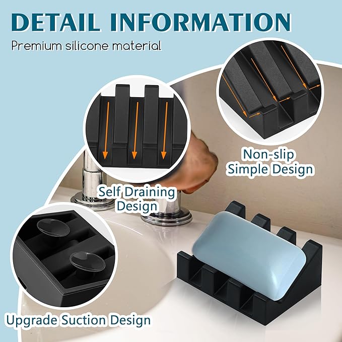 Silicone Soap Dish with Drain, Upgrade Double Suction Cups at The Bottom for Anti-Slip and Stability, Soap Dish Shower Waterfall Bar Soap Holder Tray with Drain Soap Holder (4, Black) - Bloomnest
