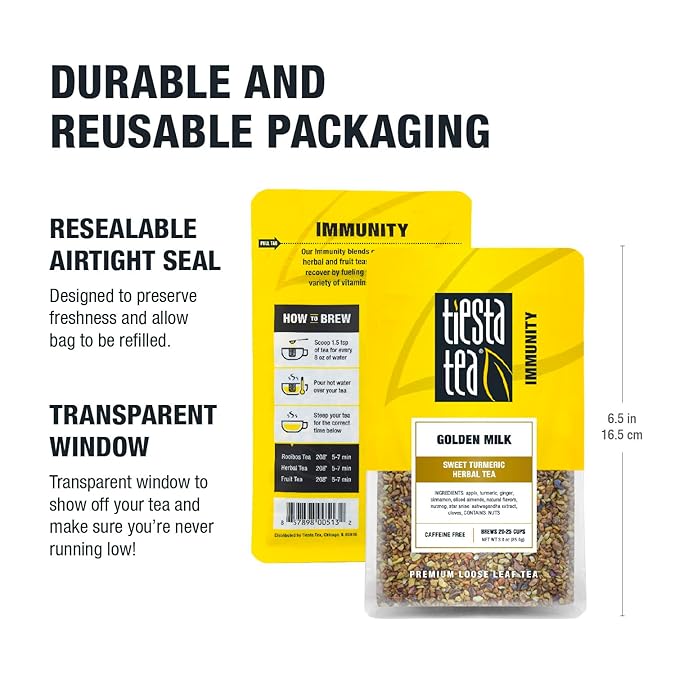 Tiesta Tea - Golden Milk, Loose Leaf, Sweet Turmeric Herbal Tea, Non-Caffeinated Herbal Blend, Makes Hot or Iced Up to 20-25 Cups, 3oz Resealable Pouch - Bloomnest