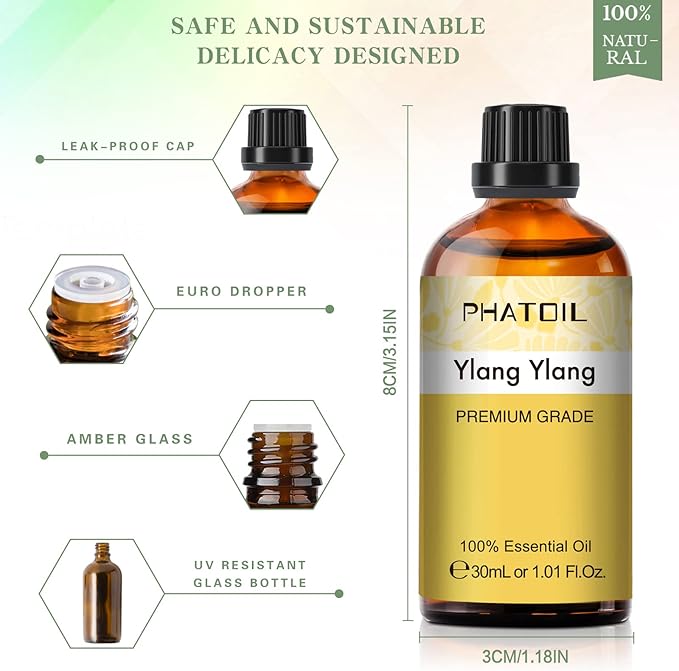 Ylang Ylang Essential Oil 1.01fl.oz/30ml, PHATOIL Premium Ylang Ylang Oils Long Lasting Scents for Aromatherapy, Diffuser, DIY Soap and Candle Making PHATOIL