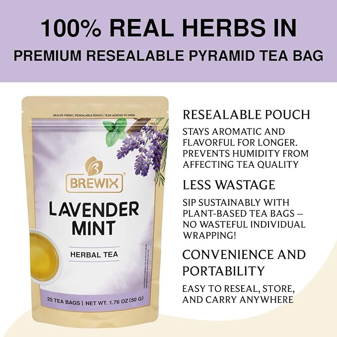 BREWIX, Lavender Mint (25 Pyramid Tea Bags) | Herbal, Caffeine Free, Lavender with Peppermint and Rosemary - Bloomnest