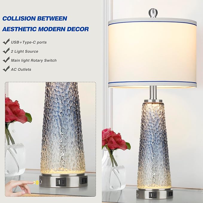 Coastal Glass Table Lamps for Living Room, 26" Table Lamps with USB A+C Ports & AC Outlet, Touch Control Bedside Nightstand Lamp with Crystal Night Light for End Table Office Desk Blue(Bulbs Included) - Bloomnest