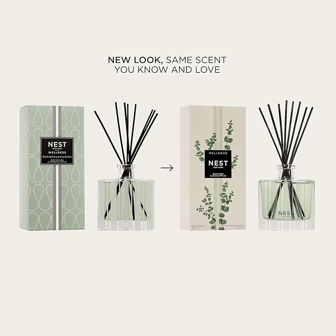 NEST New York Reed Diffuser, Wild Mint & Eucalyptus - 5.9 fl oz - Fragrance for Up to 90 Days - Reusable, Refillable Glass Holder - Includes 8 All-Natural Reed Sticks - Flame Free - Bloomnest