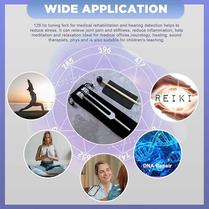 128 Hz Tuning Fork Weights Aluminum Clinical Grade Nerve/Sensory with Black Silicone Hammer, Cleaning Cloth and Felt Case, Non-Magnetic Aluminum Alloy - Bloomnest