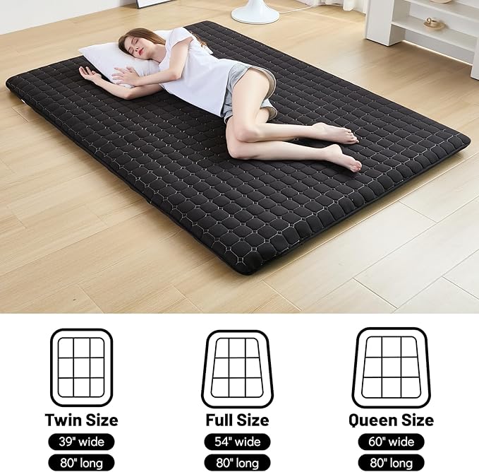 Japanese Floor Mattress Full, Anti-Slip Japanese Futon Foldable Tatami Mat for Guests, Black - Bloomnest