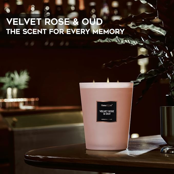 HomeLights Scented Candles | Large Jar Candle-33.3 Oz. Natural Soy Aromatherapy Candles | Up to 130 Hours Burn Time with 3 Cotton Wicks, Home Decorative Fragrance Candles Gift - Velvet Rose Oud - Bloomnest