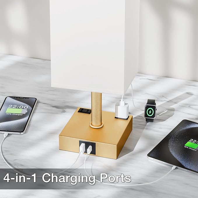 Gold White Touch Table Lamp - Bedside Lamp with USB A + Type C Charging Ports and Two AC Outlets, Small Night Stand with E26 LED Bulb, Desk Light for Bedroom Living Room Office Dorm - Bloomnest