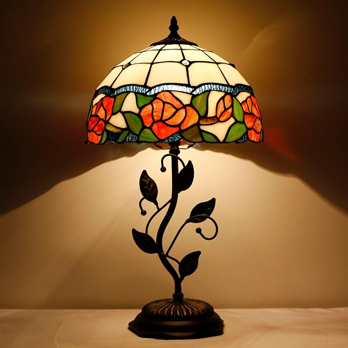 Tiffany Lamp Rose Flower Style Stained Glass Table Lamp Desk Bedside Reading Light 12X12X19 Inches with Metal Leaf Base Decor Bedroom Living Room - Bloomnest