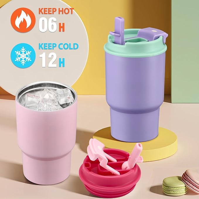 13.5oz Kids Insulated Tumbler with Lid and Straw, BPA-Free Stainless Steel Kids Water Bottle, Leak-Proof& Cupholder Friendly Tumbler for Boys & Girls -2 Pack(Pink+Purple) - Bloomnest