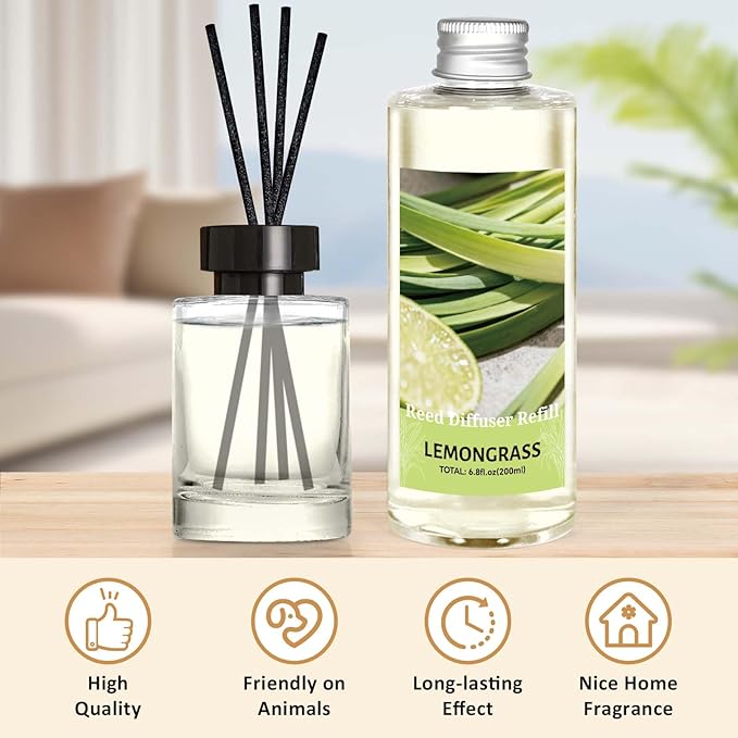 STRN Reed Diffuser Essential Oil Refill, Lemongrass Scent 200ml with Sticks, Long-Lasting Aromatherapy, Natural Fragrance Liquid with Eco-Friendly Bottle for Home, Bedroom, Spa - Bloomnest