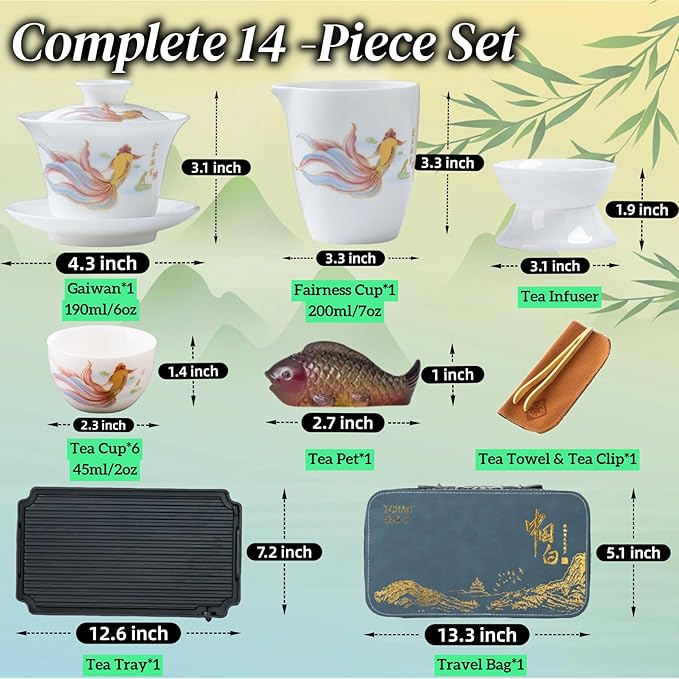 ICHAG Chinese Tea Set, Gongfu Tea Sets for Adults, China Gaiwan Teaset, 14-Piece Yangzhi Jade (茶具) Porcelain Set with Tea Pet, Portable Travel Teaset for Home, Outdoor, Office Gifts (White) - Bloomnest