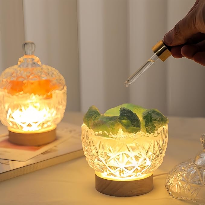 Himalayan Salt Lamp Night Light, Aromatic Diffuser Stone with Wood Base & Lid, LED USB Salt Lamp for Office, Bedroom, Bathroom, Gift for Relaxation & Sleep(Green) - Bloomnest