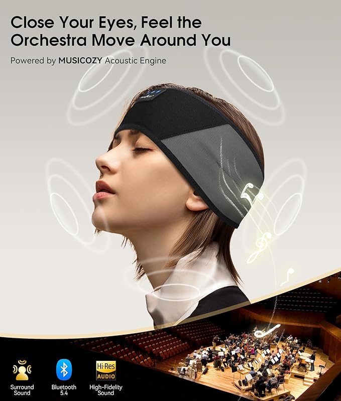 MUSICOZY Sleep Headphones Bluetooth 5.4 Headband, Wireless Earphones Music Sleep Earbuds Sleeping Eye Mask with HD Stereo Speakers for Workout Running Travel Yoga, Ideal Gifts for Women Men - Bloomnest