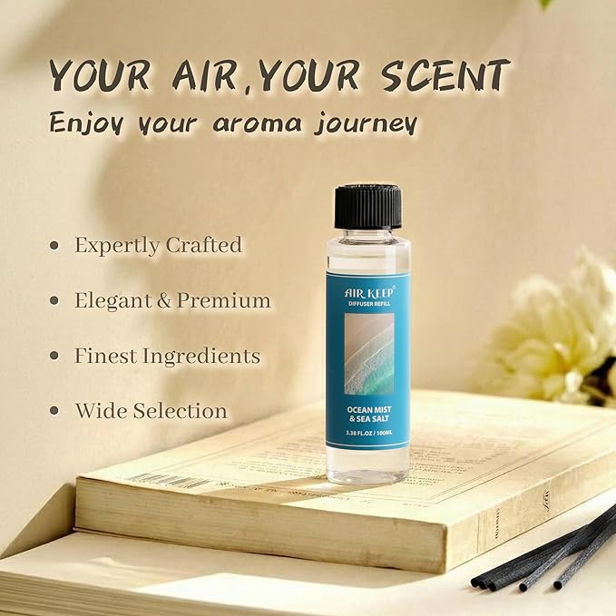 Airkeep Reed Diffuser Set,1.69 fl oz (100 ml) - Ocean Mist&Sea Salt Oil Diffusers with 8 Reed Sticks,Home Fragrance Reed Diffuser for Bathroom Shelf Decor - Bloomnest