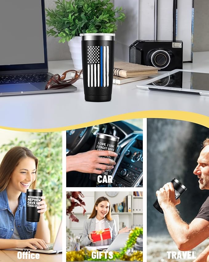 Thin Blue Line Police Officer Gifts - Cops Officer Valentine's Day Gift Coffee Cup - 20oz Stainless Steel Double Wall Insulated Tumbler, Black - Bloomnest