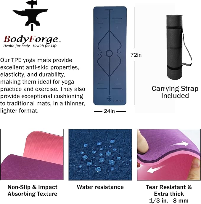 BodyForge Yoga Mat Thick Exercise Mat Thick 8mm TPE Eco-Friendly with Alignment Marks Non-Slip Extra Thick High-Density for Women and Men Workout Pilates - Bloomnest