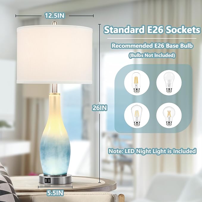 BesLowe 26in Tall Glass Table Lamps Set of 2 with 2 USB Charging Ports & LED Nightlight, Large Coastal Table Lamps for Living Room End Table, Modern Beach Lamps for Bedroom Bedside Nightstand, Blue - Bloomnest
