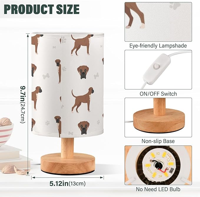 Table Lamp Boxer Dog Pattern Nightstand Lamp with Wood Base Fabric Lamp Shade Bedside Desk Lamp for Living Room Bedroom Kids Room Office - Bloomnest
