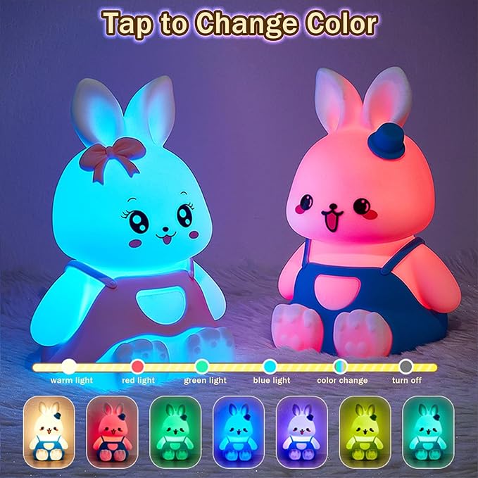 Night Light for Kids Bunny Lamp, Cute Easter Gifts for Girls,Rechargeable Baby Nursery Nightlight for Bedroom, Animal Silicone Kids Lamp Kawaii Room Decor - Bloomnest