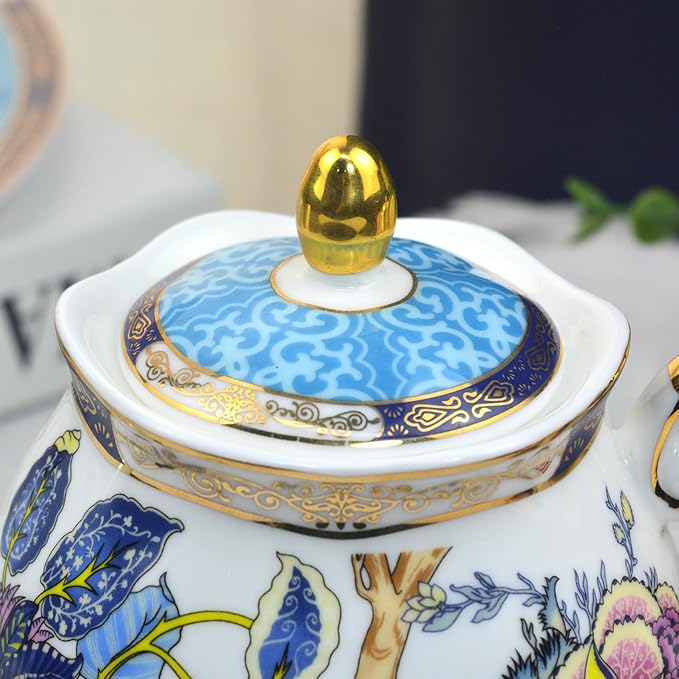 ACMLIFE Tea for One Teapot and Cup, Vintage Floral Porcelain Tea Set for One, Bone China Teapot with Cup Set, Tea Pot Gift for Women (Blue-A) - Bloomnest